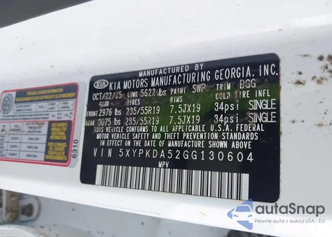 2016 Kia Sorento 3.3L Sx из США, поврежденный, VIN 5XYPKDA52GG130604